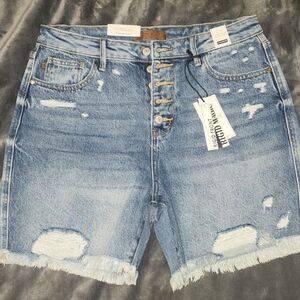 Judy Blue Medium Wash Distressed High Waist ButtonFly Rigid Magic Jean Shorts